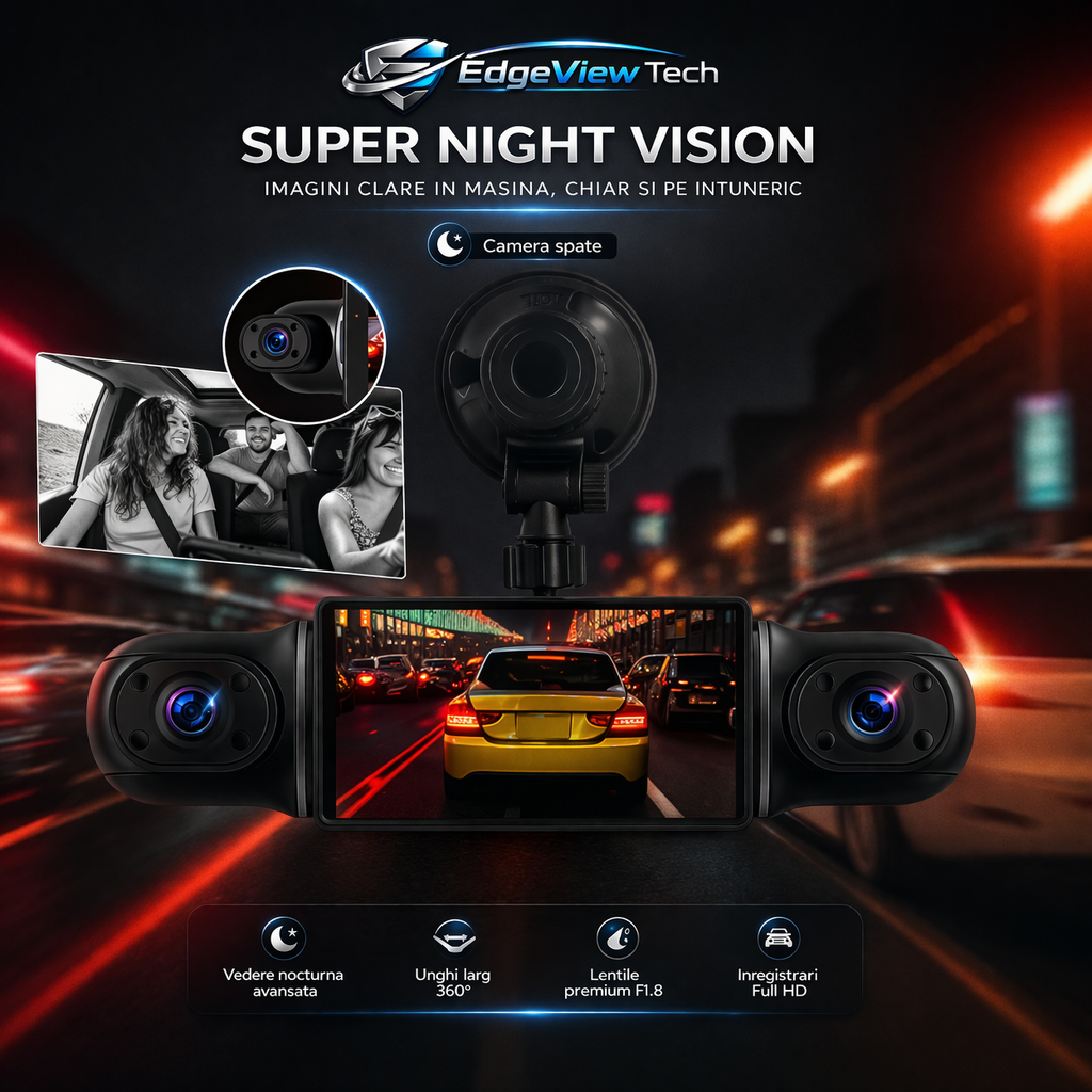 EdgeCam - Camera Auto Supraveghere 360° WiFi & GPS, Night Vision