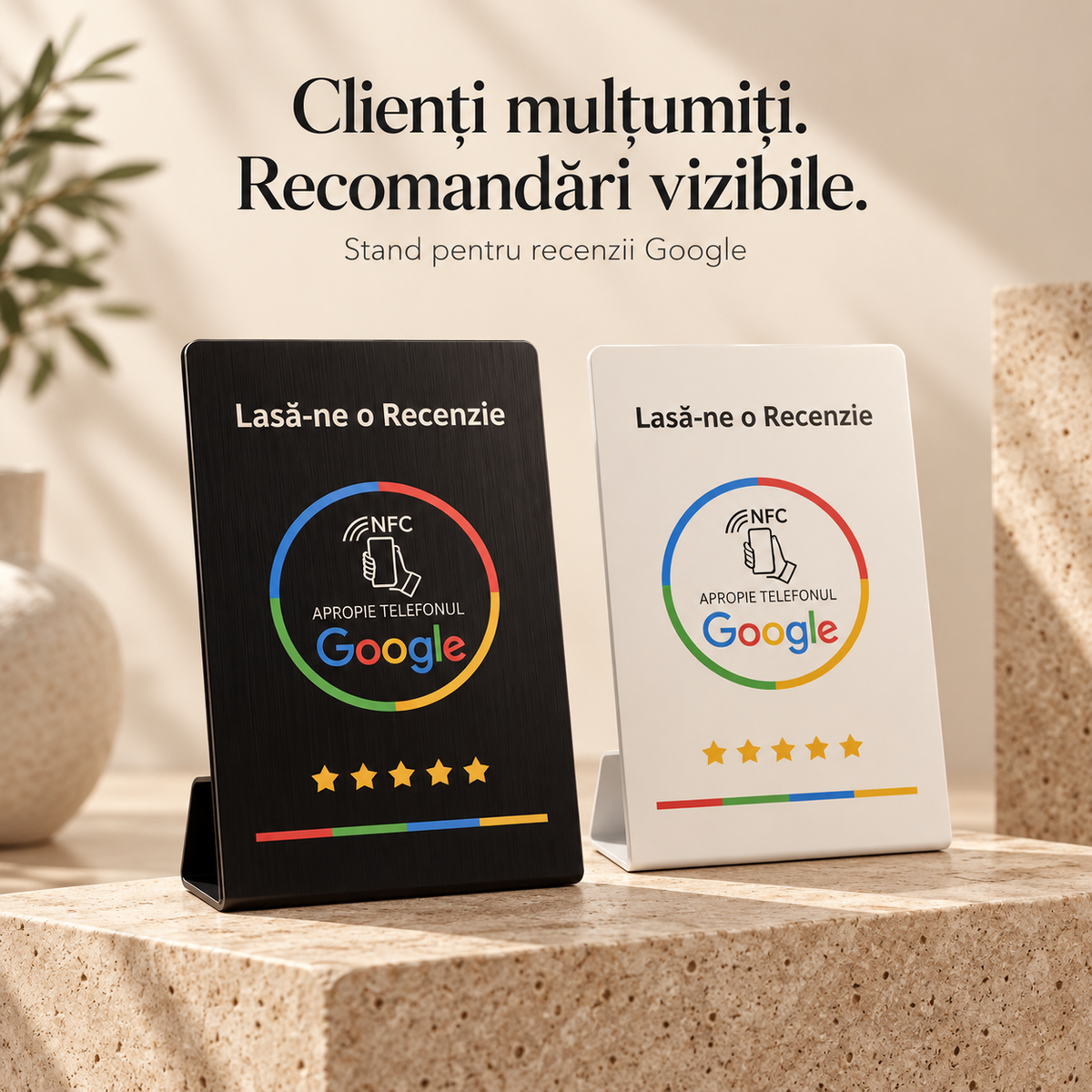 Stand NFC + QR pentru recenzii Google