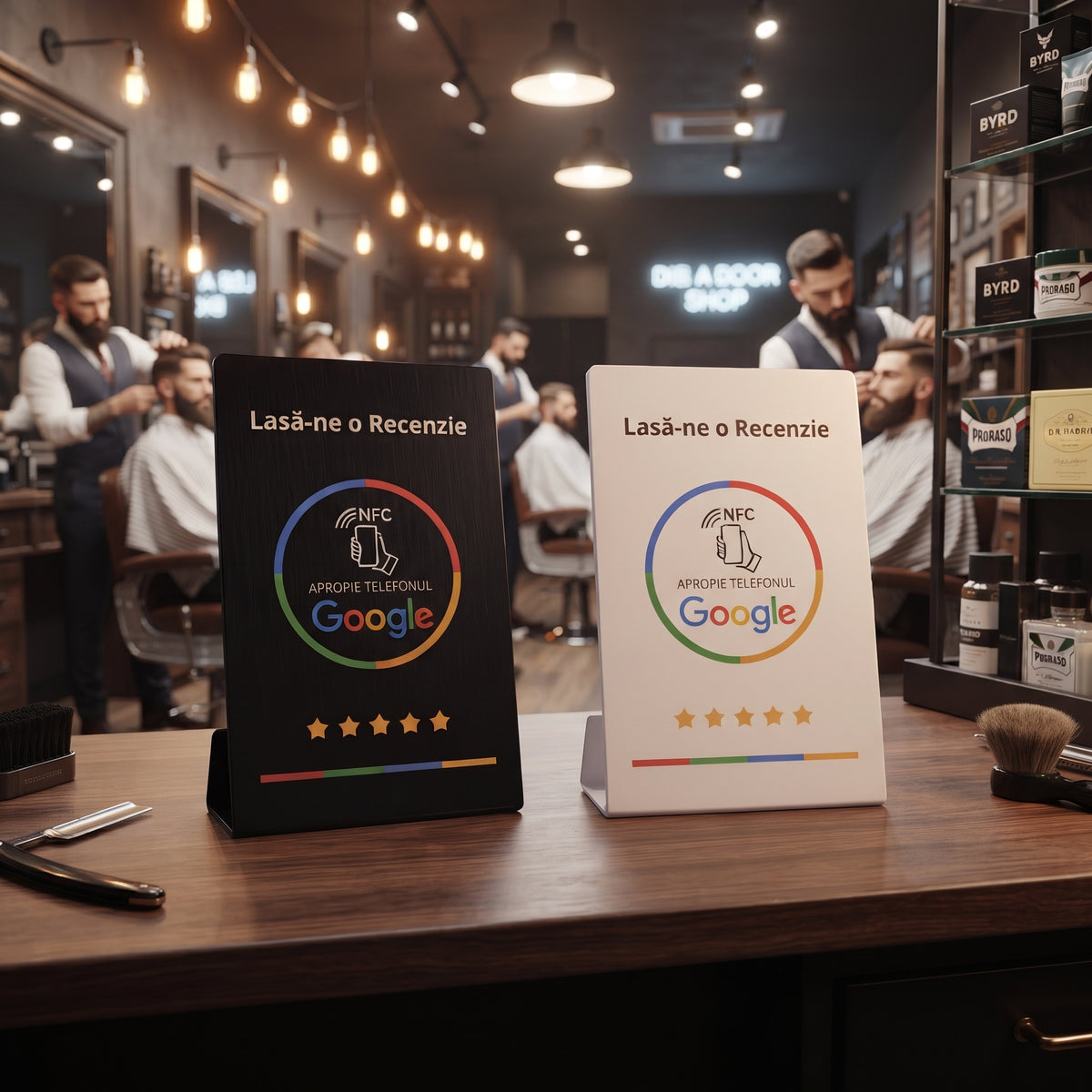Stand NFC + QR pentru recenzii Google