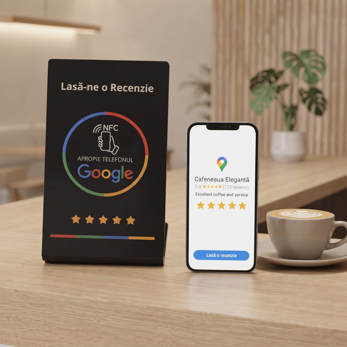 Stand NFC + QR pentru recenzii Google