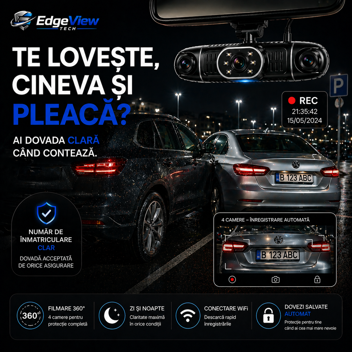 EdgeCam - Camera Auto Supraveghere 360° WiFi & GPS, Night Vision