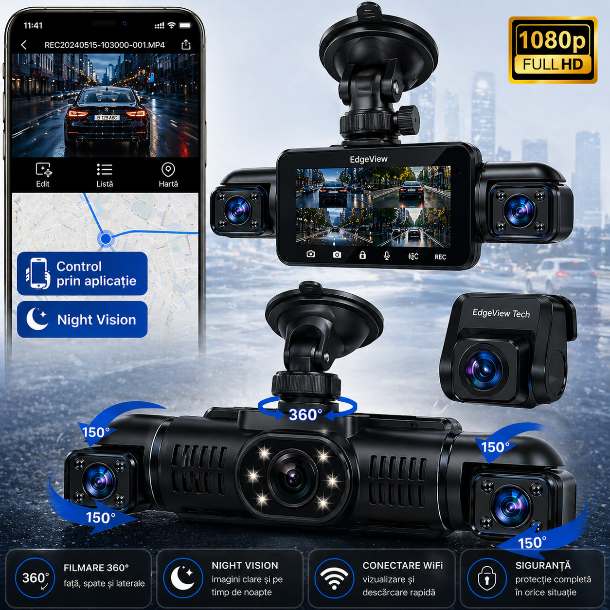 EdgeCam - Camera Auto Supraveghere 360° WiFi & GPS, Night Vision